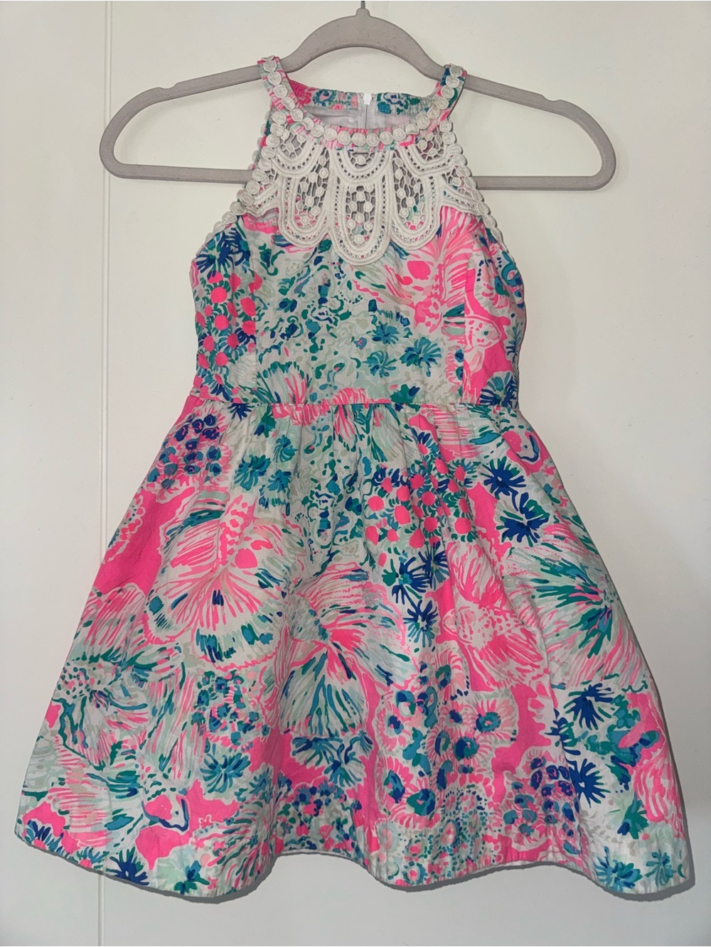 Lilly Pulitzer Pink and Teal Floral Halter Dress with Crochet Yoke( for age 7-8)